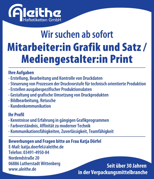 Mitarbeiter gesucht: Grafik und Satz / Mediengestalter Print (m/w/d)