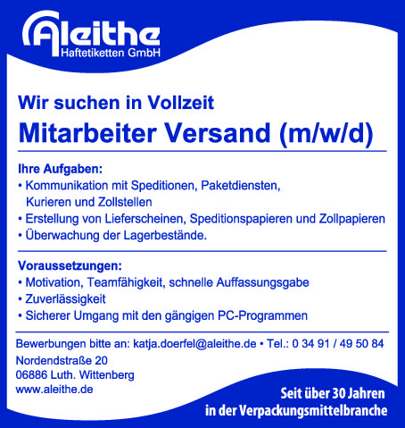 Mitarbeiter gesucht: Versand (m/w/d)