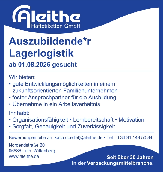 Azubi Lagerlogistik (m/w/d) ab 01.08.2026 gesucht