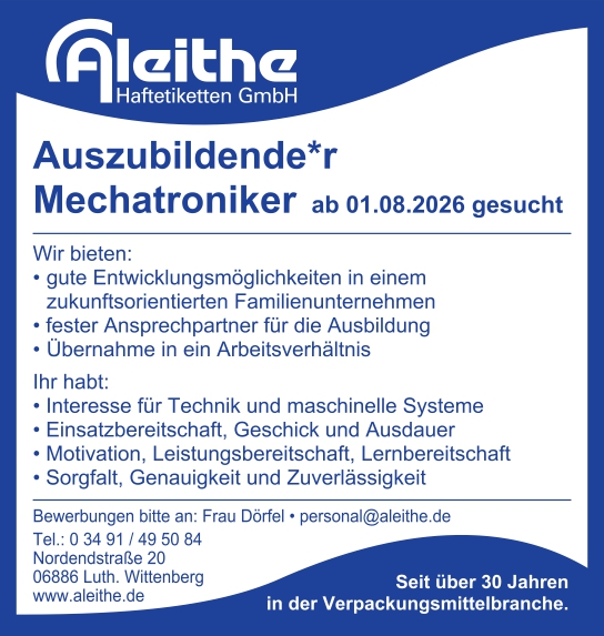 Azubi Mechatroniker (m/w/d) ab 01.08.2026 gesucht