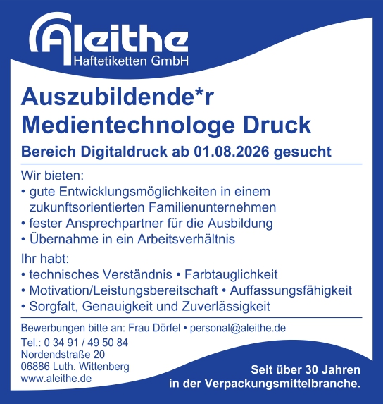 Azubi Medientechnologe Druck im Digitaldruck (m/w/d) ab 01.08.2026 gesucht